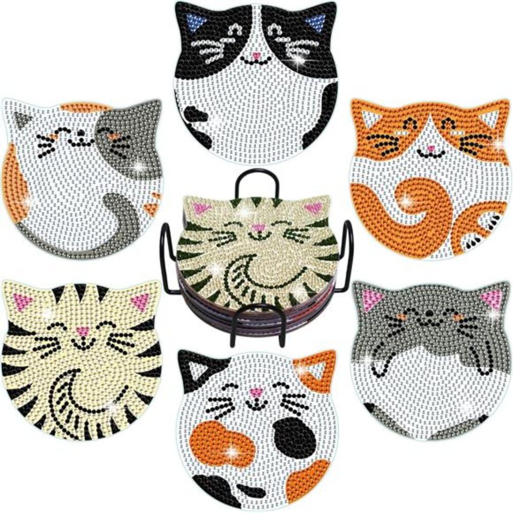 Diamond Painting Coasters Kits, 6 Pcs Cat Diamond Art Coasters with Holder